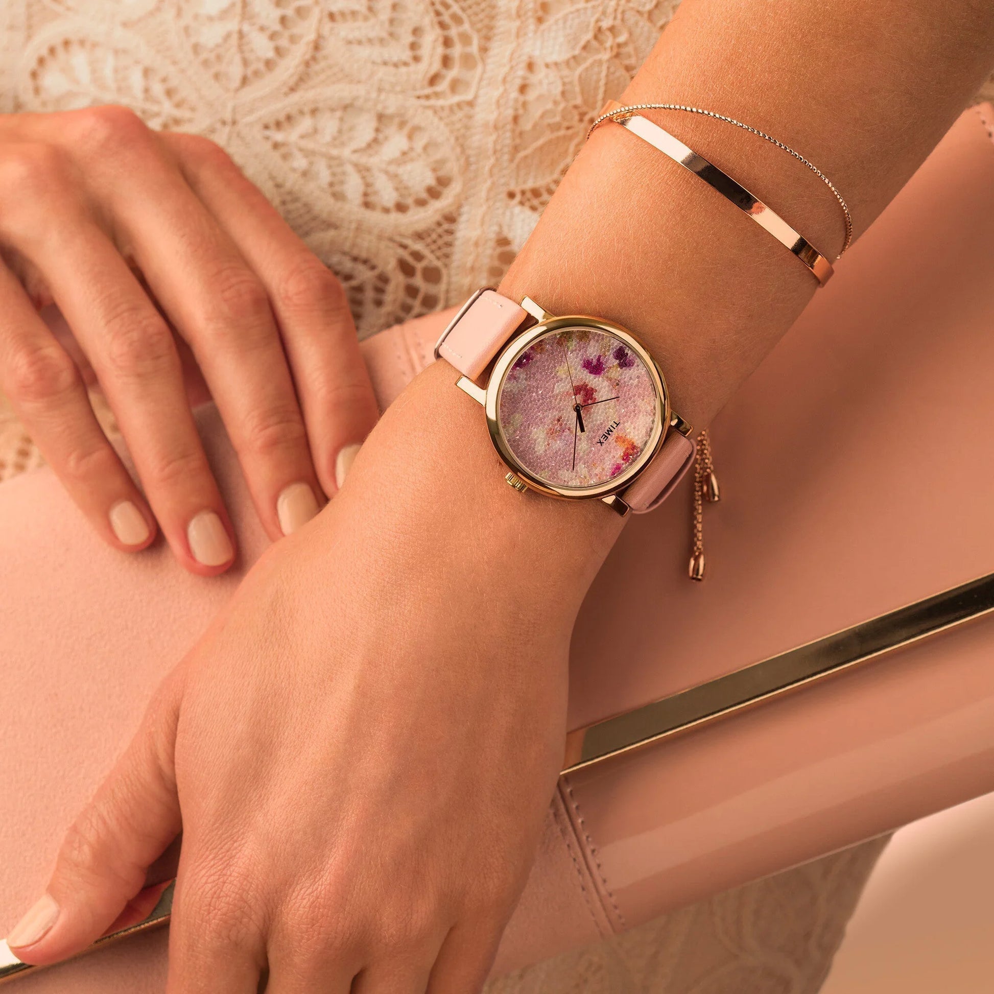 Timex Women's Pink Leather Watch, Brass Case | TW2R66300-4
